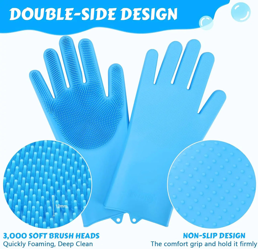 Double-sided pet grooming gloves with soft brush heads and non-slip design for effective cleaning.