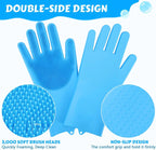 Double-sided pet grooming gloves with soft brush heads and non-slip design for effective cleaning.