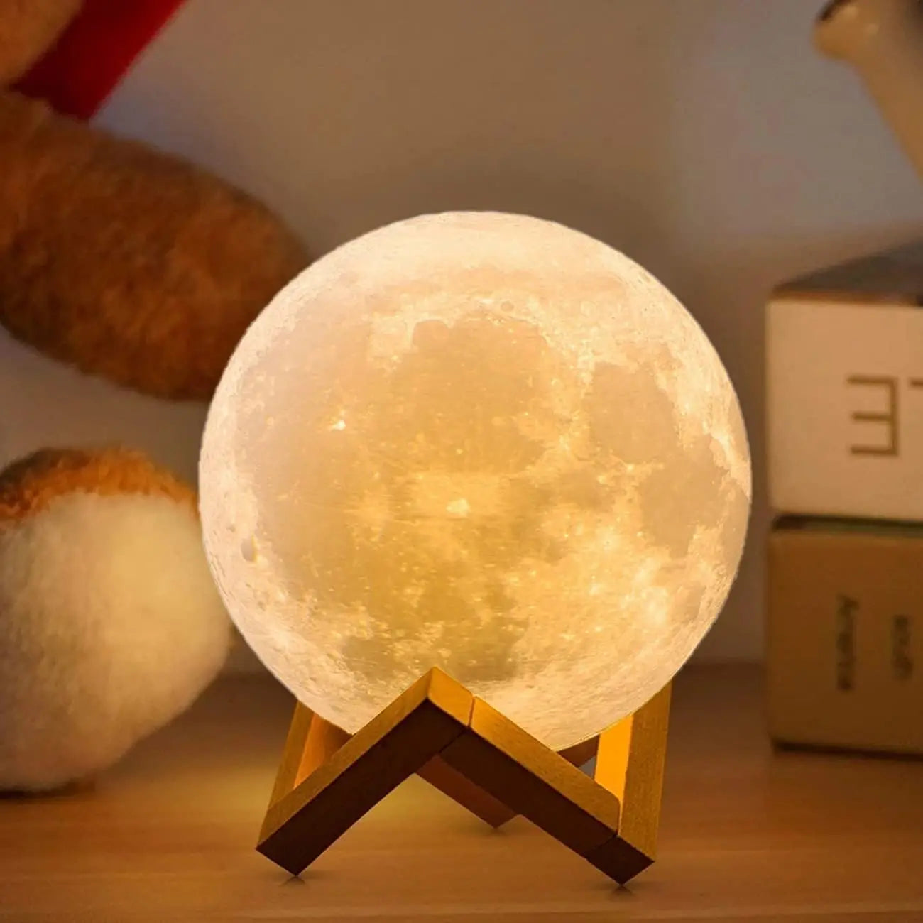 3D moon lamp with LED light, wooden mount, touch control, and rechargeable battery.