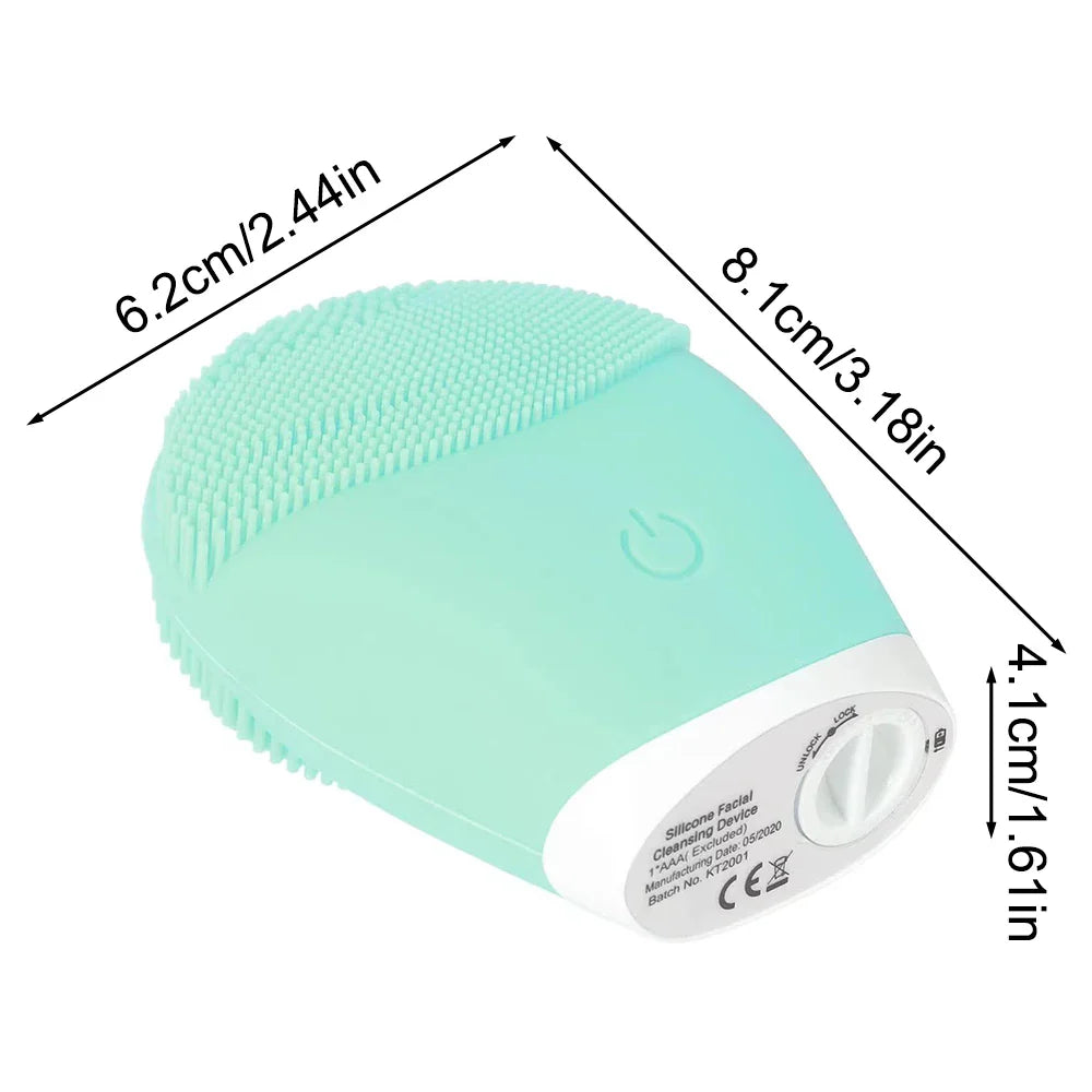 Electric facial cleansing brush with silicone bristles, blue color, dimensions labeled.