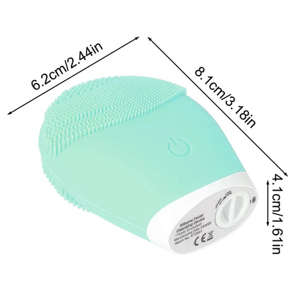Electric facial cleansing brush with silicone bristles, blue color, dimensions labeled.