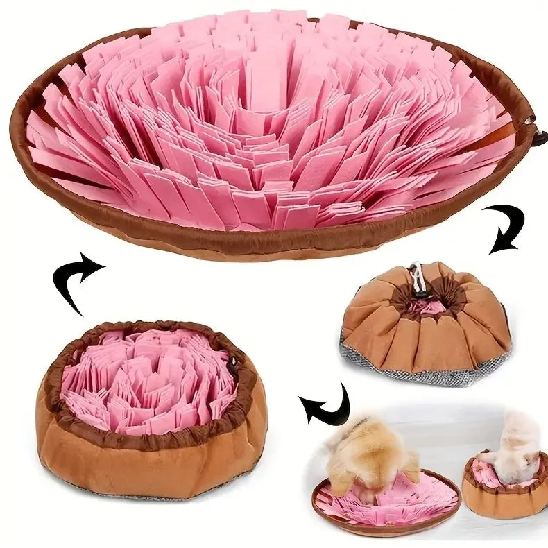 interactive snuffle mat for dogs made of fleece and felt in brown and pink