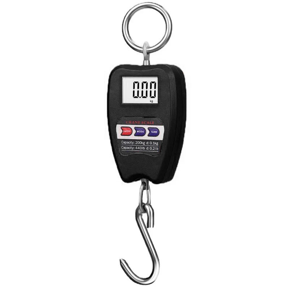 Portable luggage scale with digital display, black casing, hook-and-ring design.