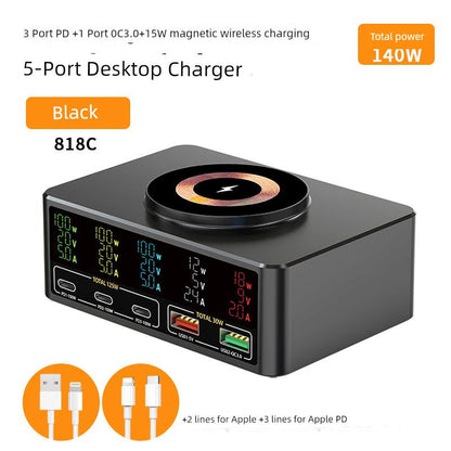 GaN fast charger with PD, 140W total power, 5-port desktop charger, magnetic wireless charging, USB and Type-C compatibility.