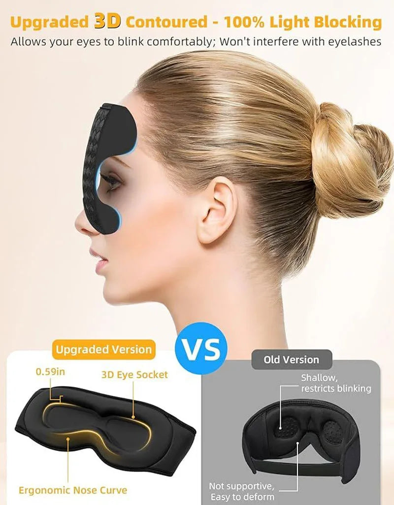 Bluetooth sleep mask with ergonomic 3D design, light blocking, and comfortable fit.