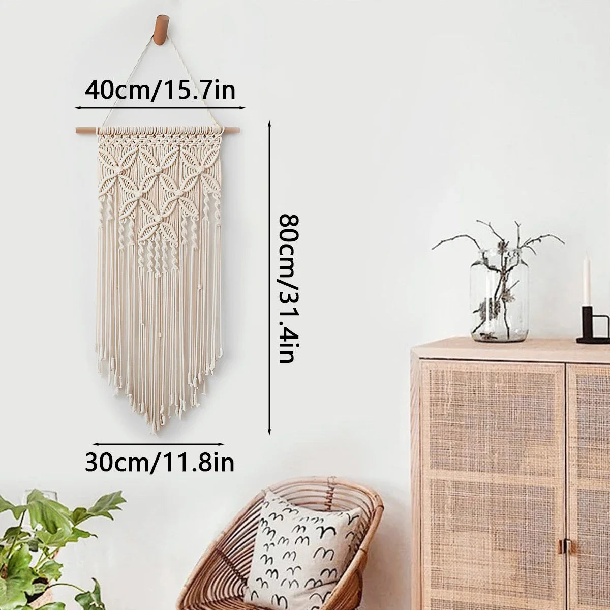 Macrame wall hanging tapestry with tassel crochet decoration in a living room setting.