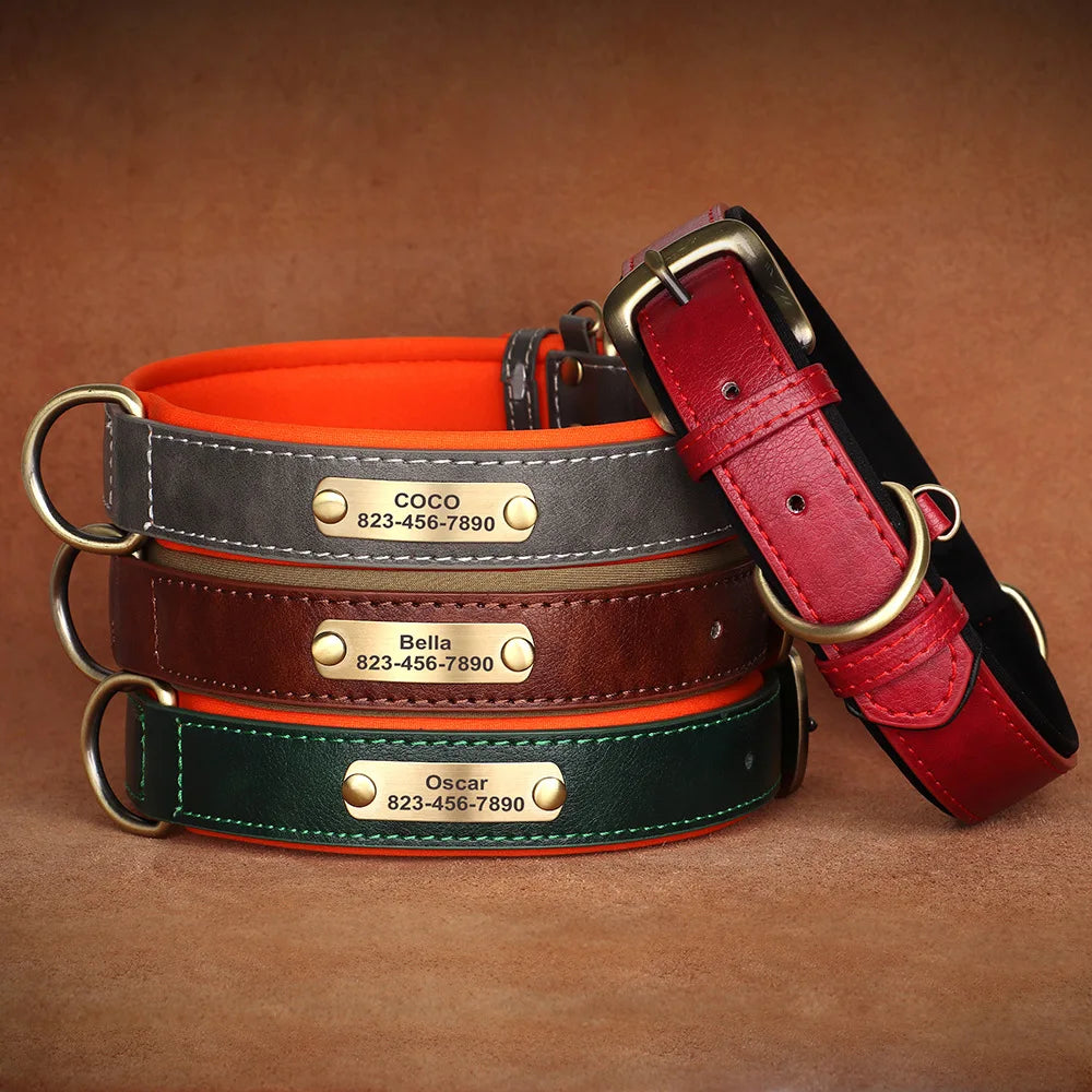 Personalized leather dog collars with engraved nameplates, available in various colors, adjustable for small, medium, and large dogs.