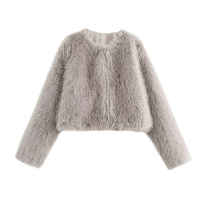 Faux fur jacket Traf 2024 Fall/Winter New Fashion Women's Faux Fur Effect Round Neck Long Sleeve Short Jacket