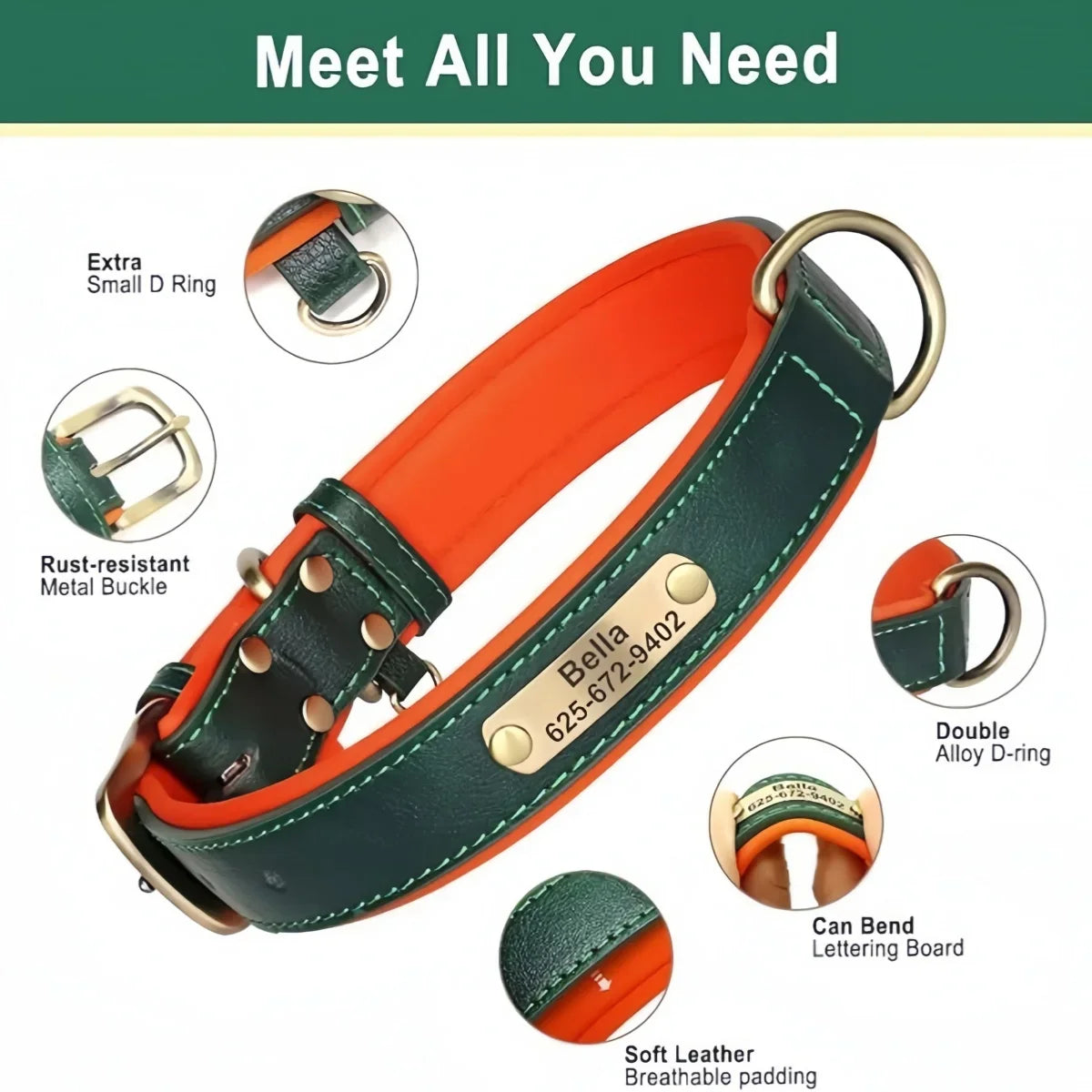Personalized leather custom dog collar with ID tag, soft padded, adjustable for small to large dogs.