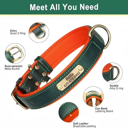 Personalized leather custom dog collar with ID tag, soft padded, adjustable for small to large dogs.