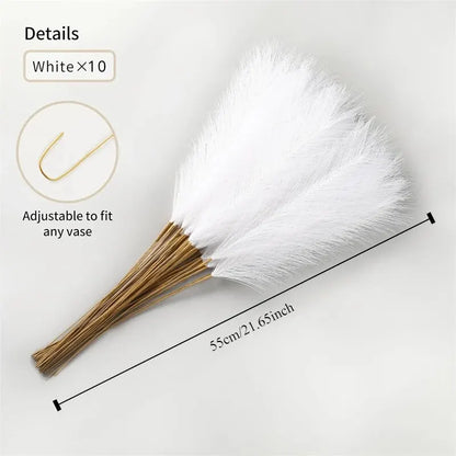 White faux pampas grass bouquet, 10 pieces, 55cm, adjustable for any vase. Ideal for home decor.