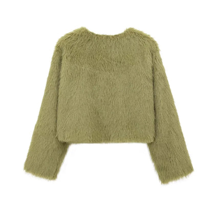 Faux fur jacket Traf 2024 Fall/Winter New Fashion Women's Faux Fur Effect Round Neck Long Sleeve Short Jacket