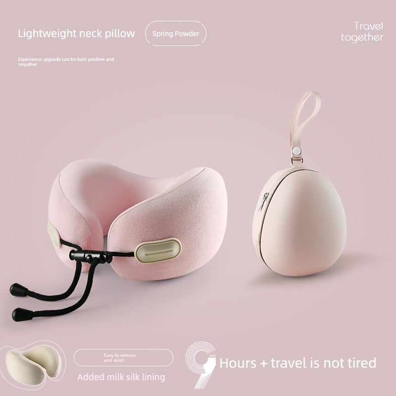 U-shaped travel pillow in pink with memory cotton, retractable design, and neck support.