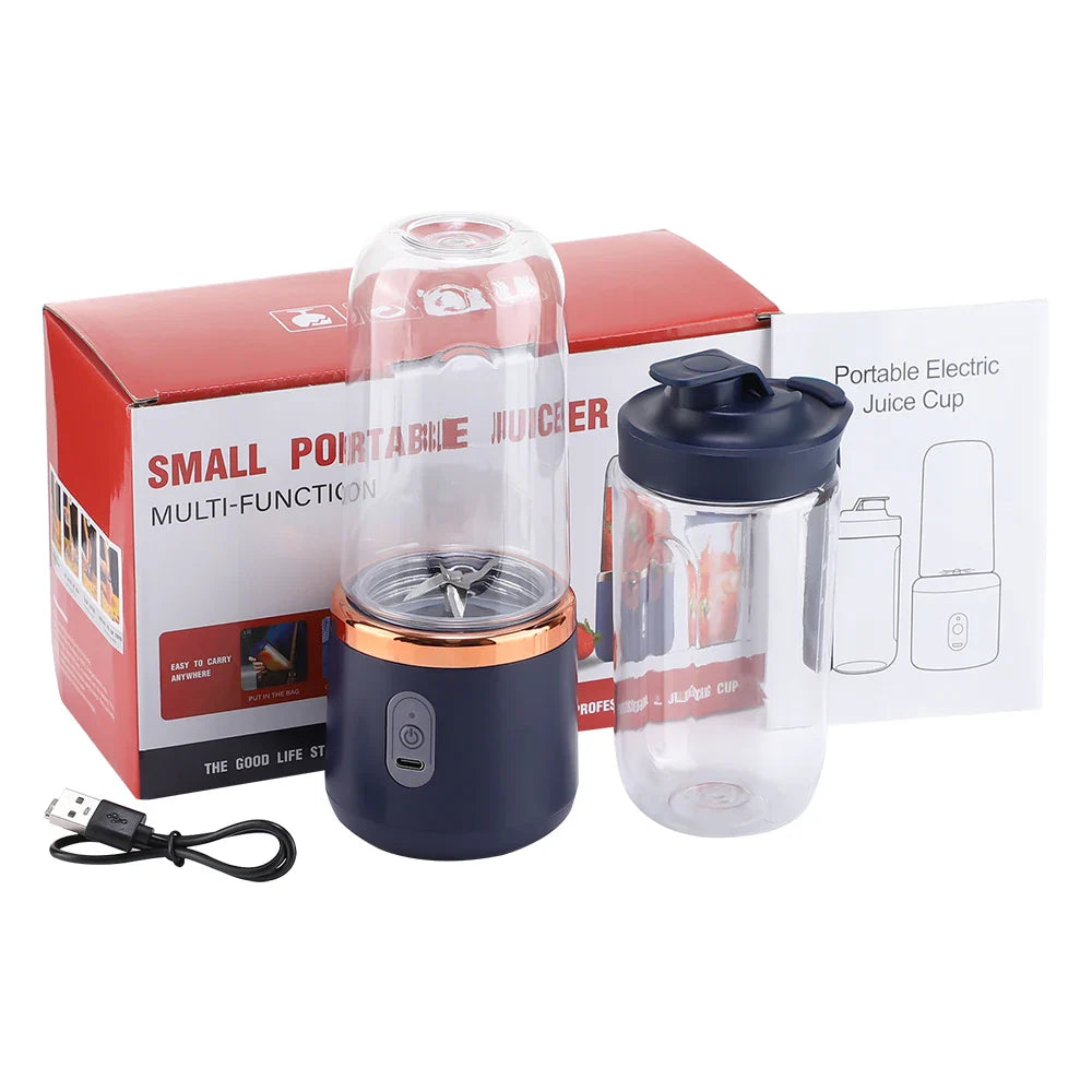 Portable fruit juice blender with USB charging cable, compact design, blue color, equipped with 6 blades, 400ml capacity, ideal for personal use.