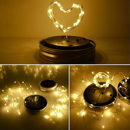 Solar mason jar lights with warm white LEDs arranged in creative shapes.