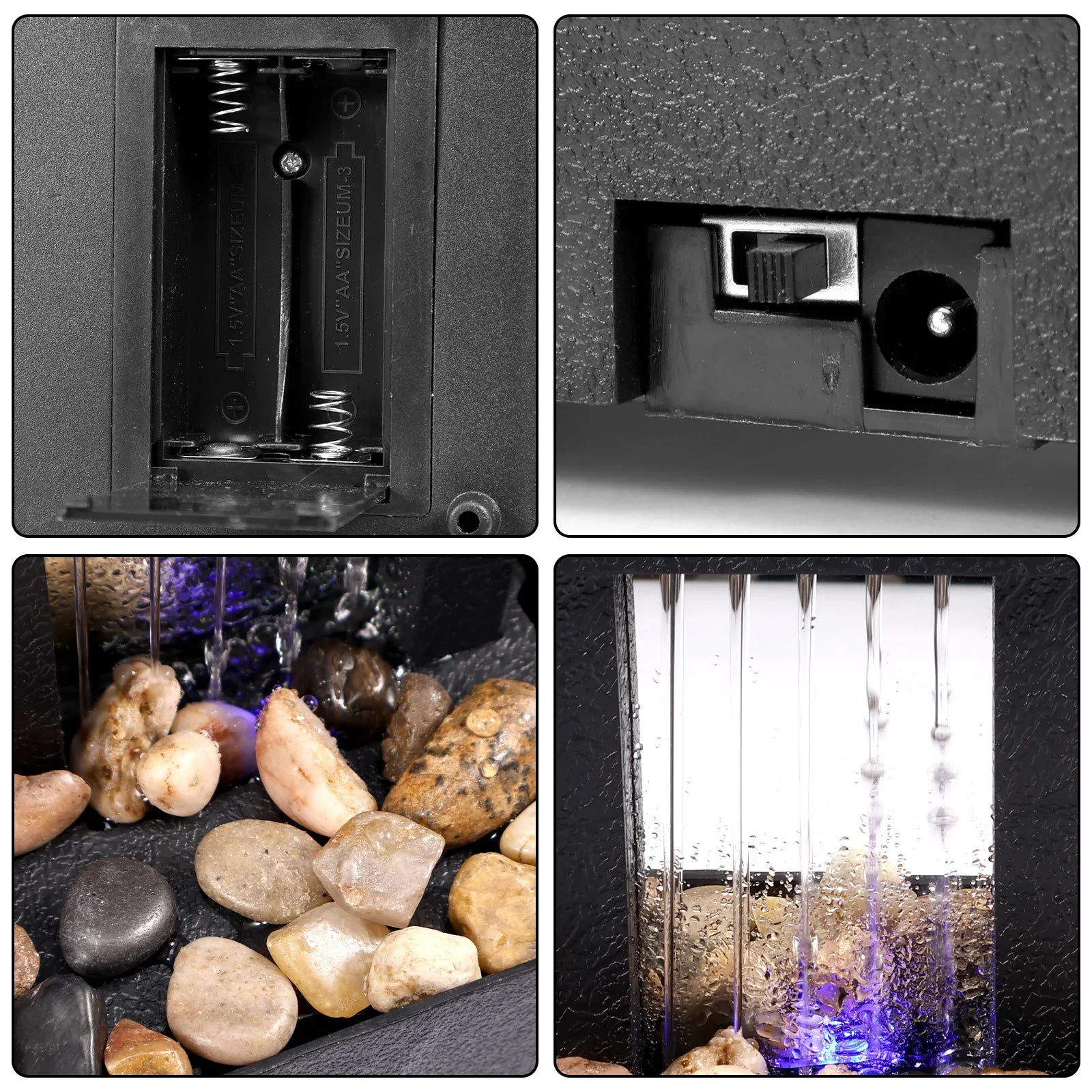Mini indoor tabletop fountain with light and pebbles, zen meditation decor, USB or battery powered.