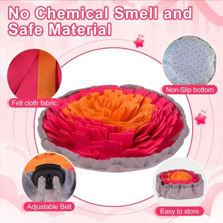 Snuffle mat for dogs with felt cloth fabric and non-slip bottom.