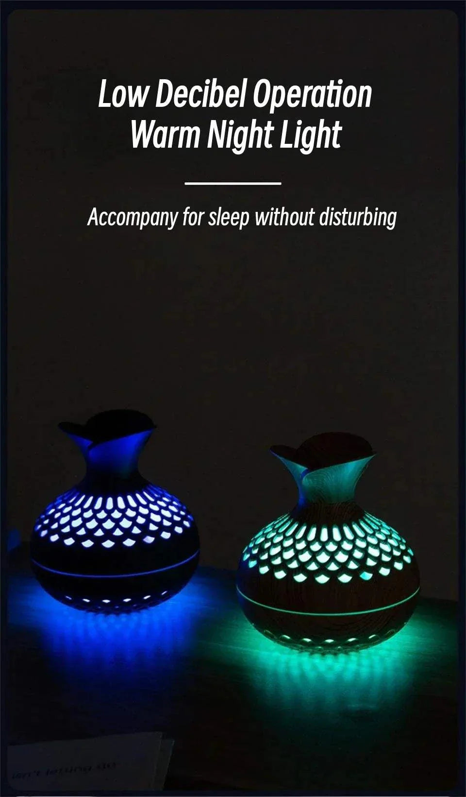 Wood grain humidifier with color-changing lights, ideal for quiet nighttime use.