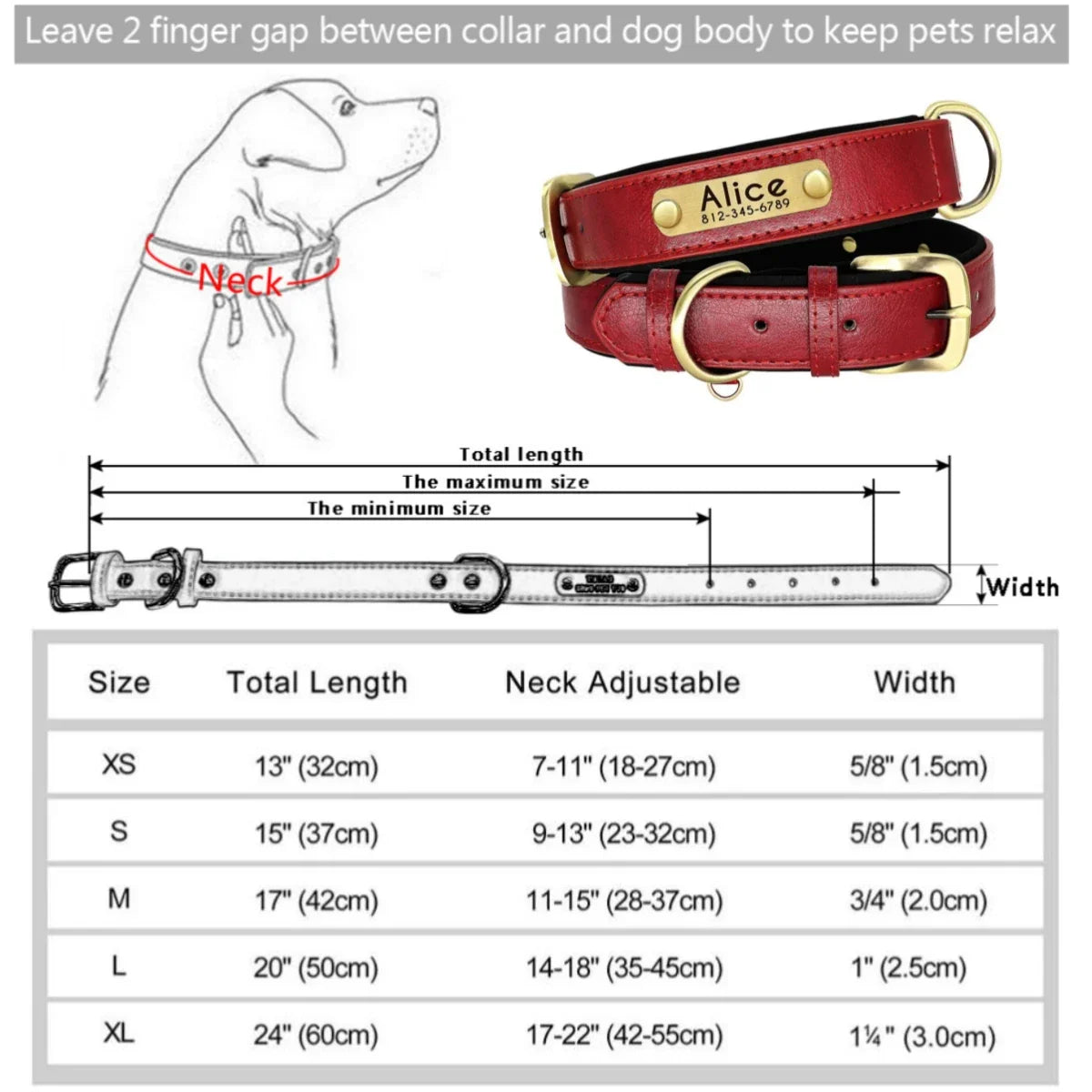 Personalized leather dog collar with chart for sizing and fitting instructions.