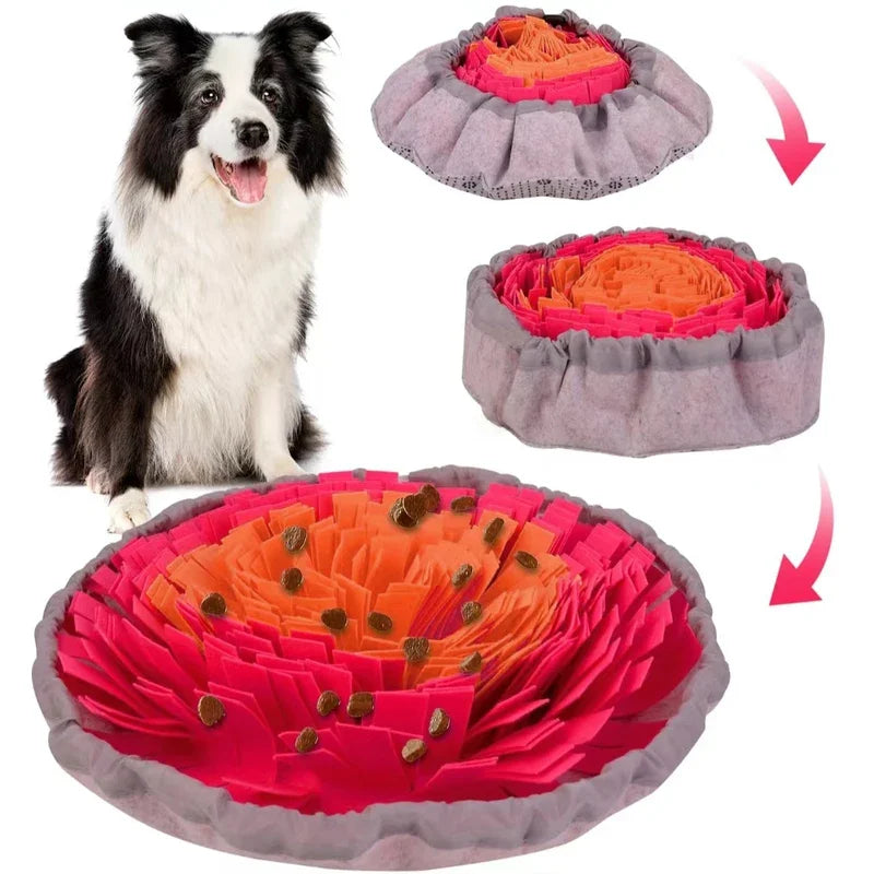 Interactive snuffle mat for dogs made of fleece and felt, designed for mental stimulation and enrichment.