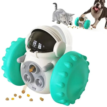 Interactive treat dispensing dog toy with ABS material, suitable for dogs, featuring bright teal accent wheels.