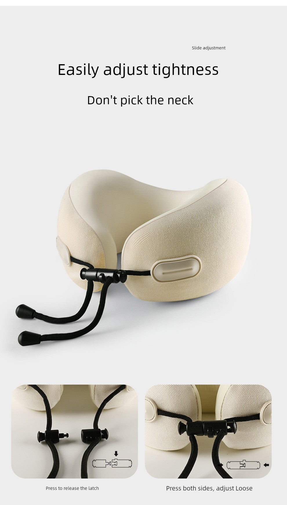 U-shaped travel pillow with adjustable straps and memory cotton for neck support.
