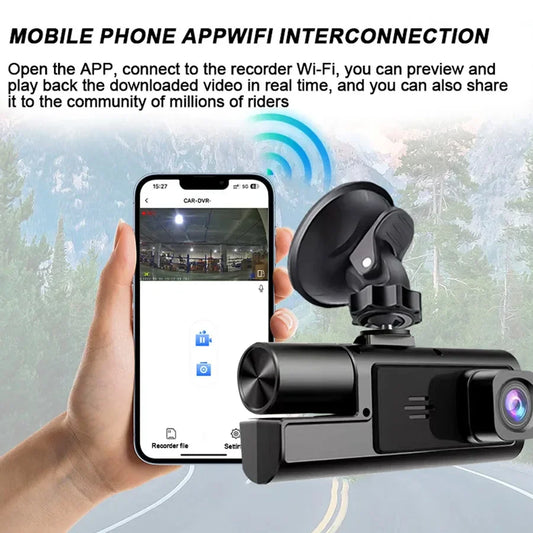 Car dash cam with WiFi app connectivity and mobile phone display.
