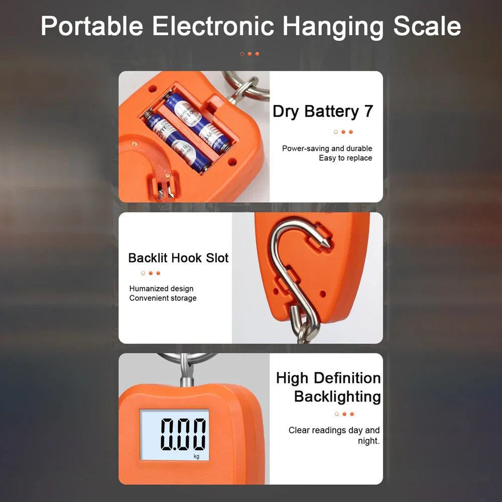 Portable orange electronic luggage scale with LCD display and hook slot.