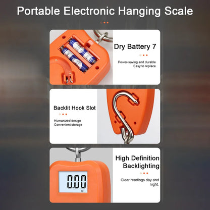 Portable orange electronic luggage scale with LCD display and hook slot.