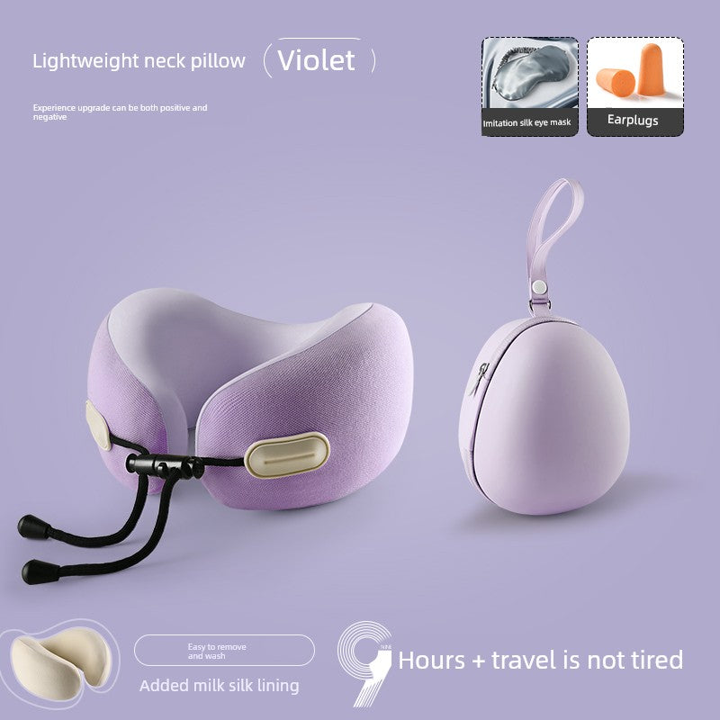 U-shaped travel pillow with a violet color, memory cotton fill, and retractable neck guard in a solid pattern.