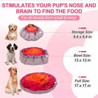 Snuffle mat for dogs with dimensions for storage, bowl, and full size, suitable for all breeds.