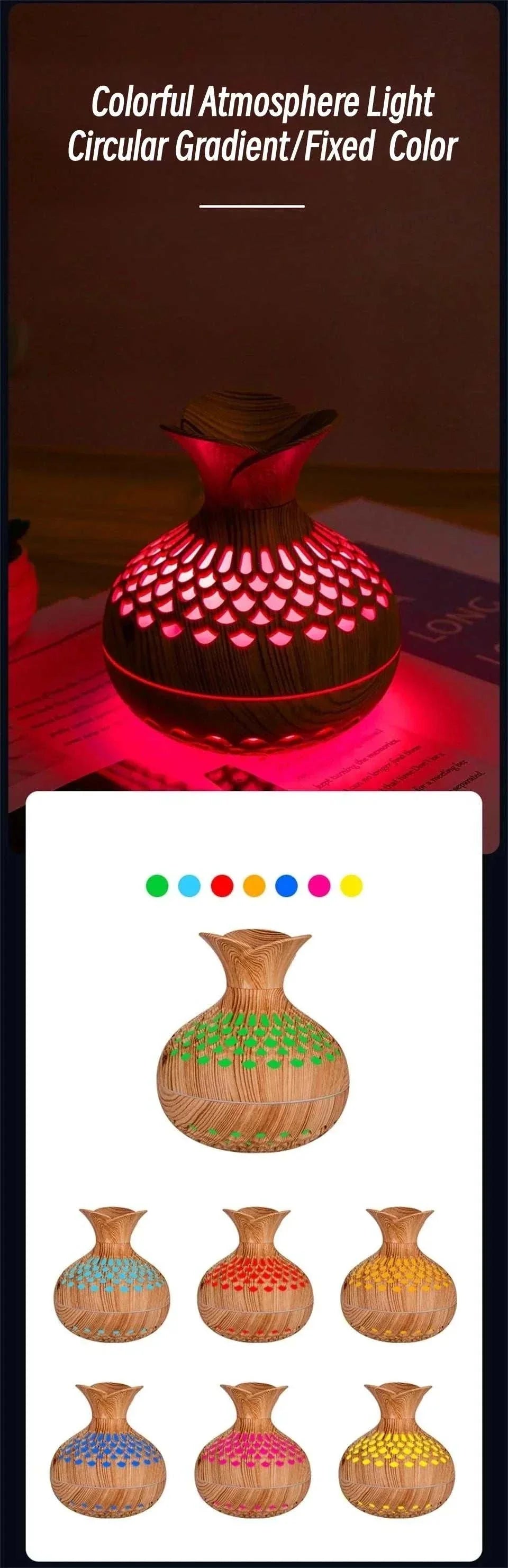Wood grain humidifier with colorful gradient lights and fixed color options.
