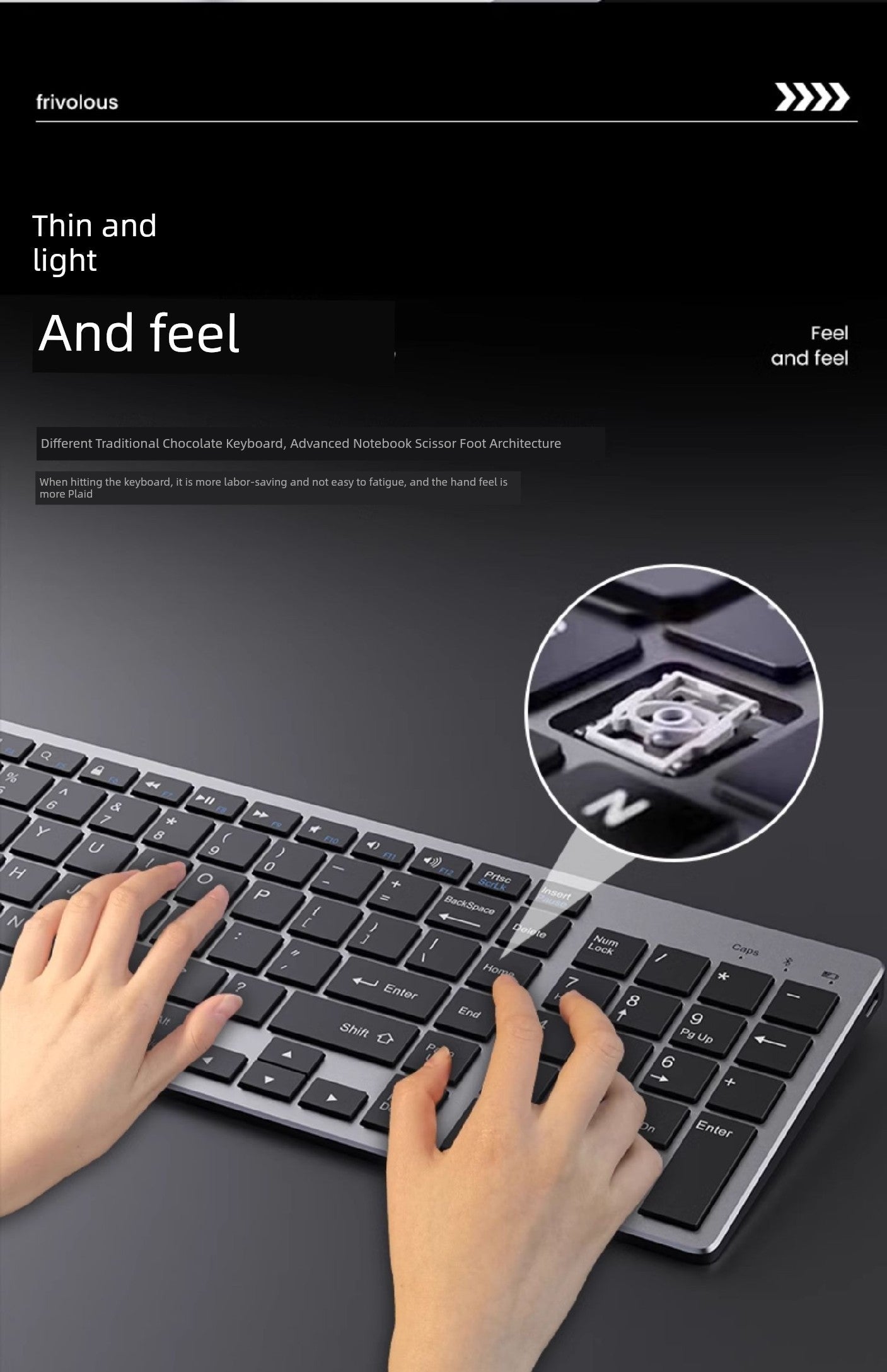 Wireless rechargeable keyboard with ergonomic design and thin, light keys.