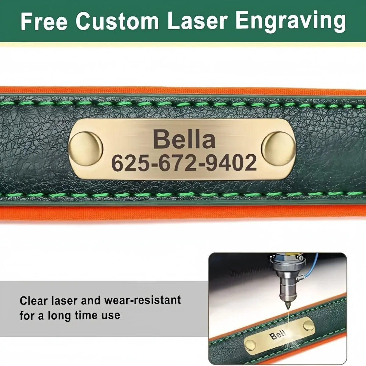 Personalized leather custom dog collar with free custom laser engraving, featuring a wear-resistant metal ID tag.