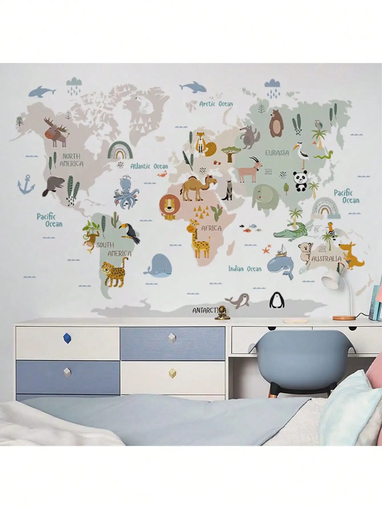 Kids world map wall sticker with cartoon animals for children's room decoration.