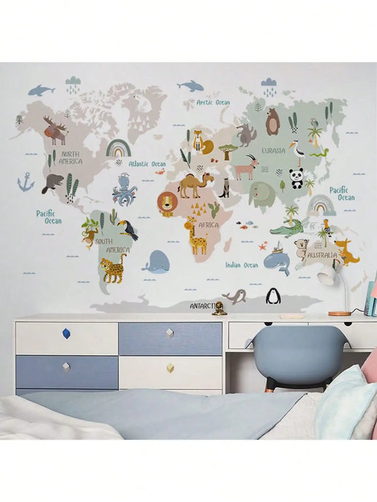 Kids world map wall sticker with cartoon animals for children's room decoration.