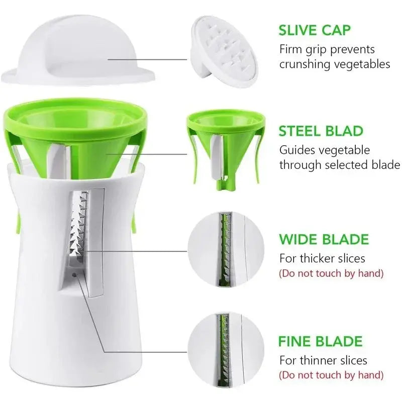 Vegetable spiralizer with stainless steel blades, featuring slive cap, wide blade, and fine blade options.