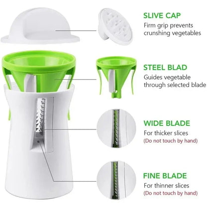 Vegetable spiralizer with stainless steel blades, featuring slive cap, wide blade, and fine blade options.