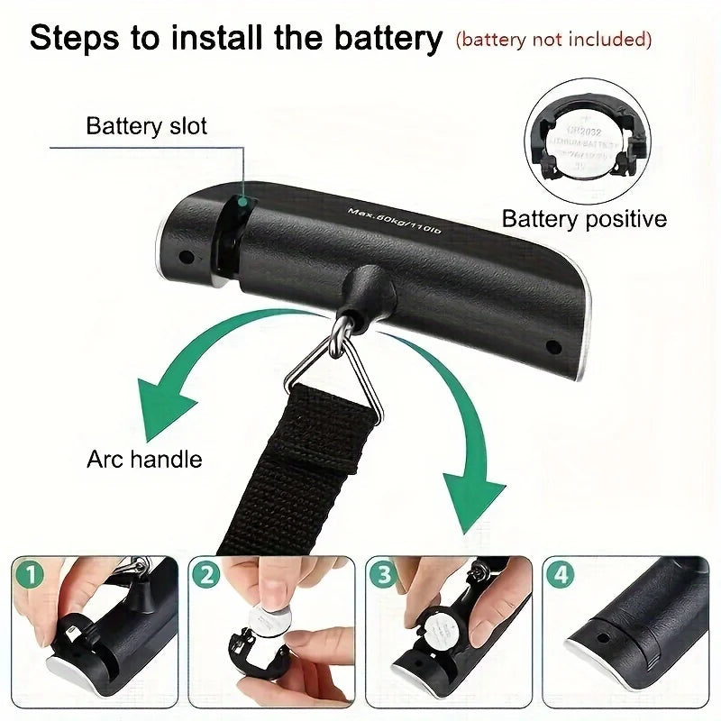 Digital luggage scale with battery installation instructions and handle design.