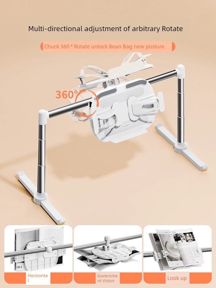 Adjustable metal book holder for bed with 360-degree rotation, suitable for bedside use.
