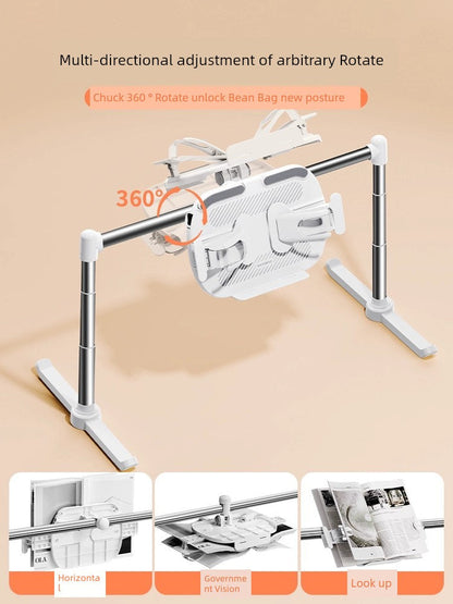 Adjustable metal book holder for bed with 360-degree rotation, suitable for bedside use.
