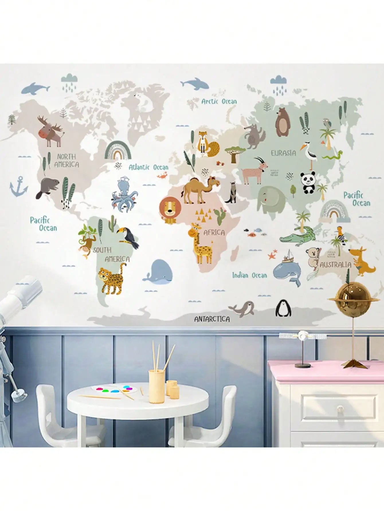 kids world map wall sticker with cartoon animal illustrations, ideal for children's room decoration