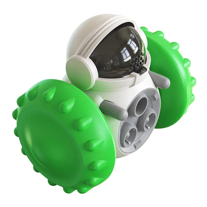 interactive treat dispensing dog toy with green wheels and durable ABS material