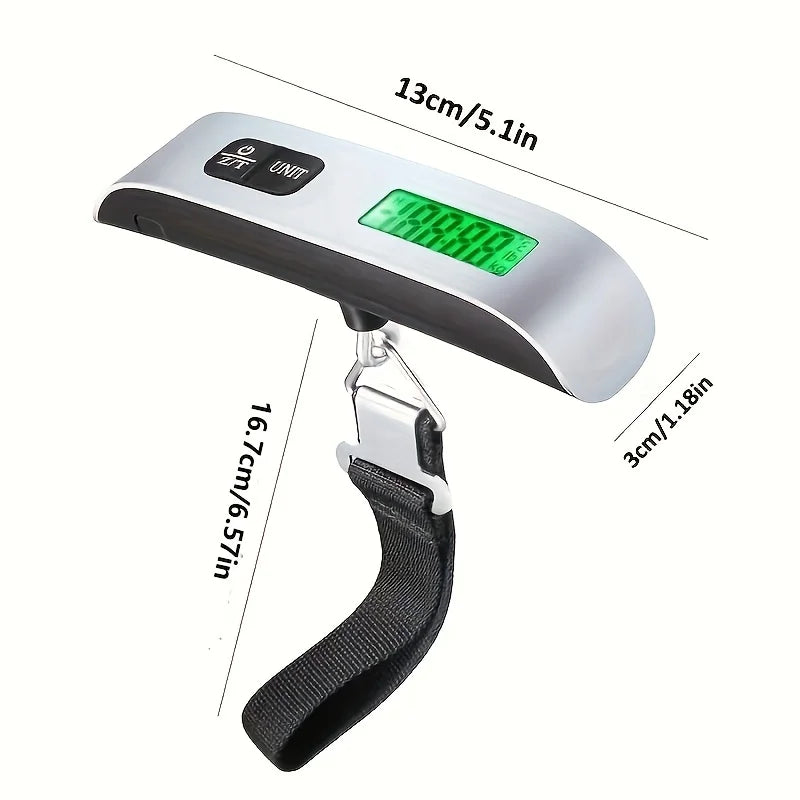 Portable digital luggage scale with LCD display, black strap, silver body, measures 13cm x 3cm, fits comfortably in hand.