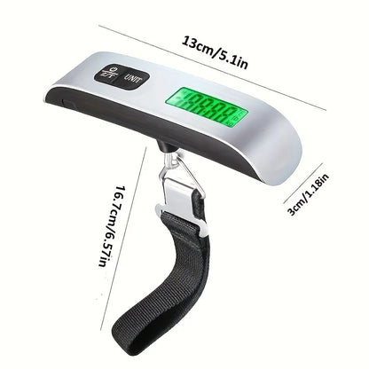 Portable digital luggage scale with LCD display, black strap, silver body, measures 13cm x 3cm, fits comfortably in hand.