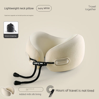 Ivory white U-shaped travel pillow with memory cotton, designed for neck support on flights, featuring retractable folding and milk silk lining.