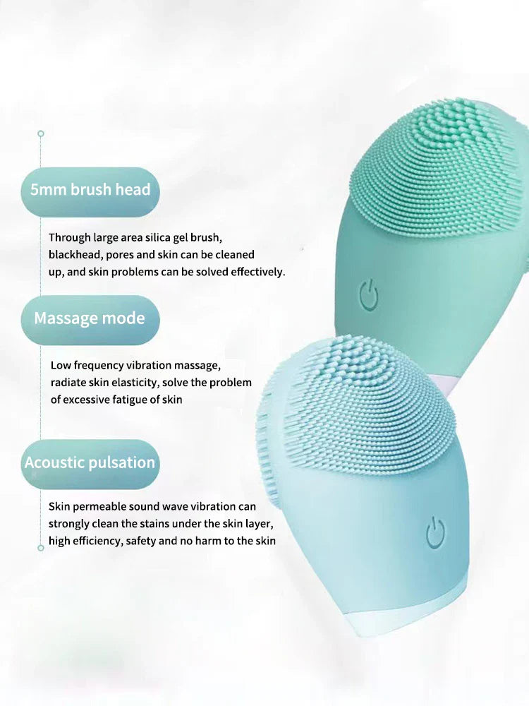 Electric facial cleansing brush with silicone bristles and acoustic pulsation technology for deep cleaning and skin massage.