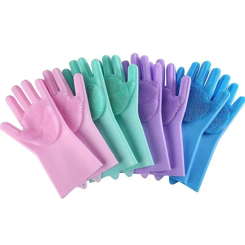 Colorful pet grooming gloves with soft silicone bristles for efficient hair removal and massage.