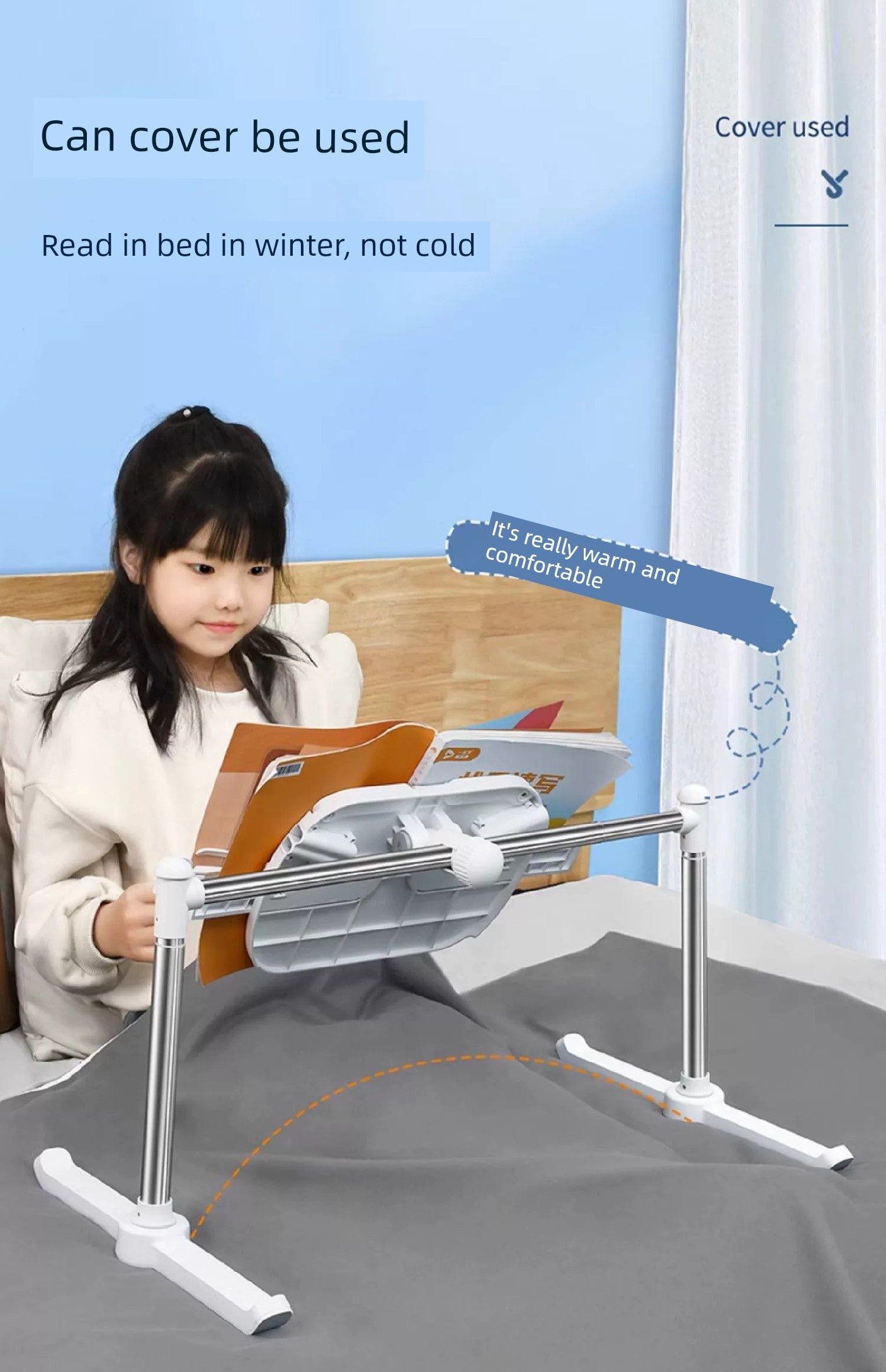 adjustable book holder for bed with child reading comfortably