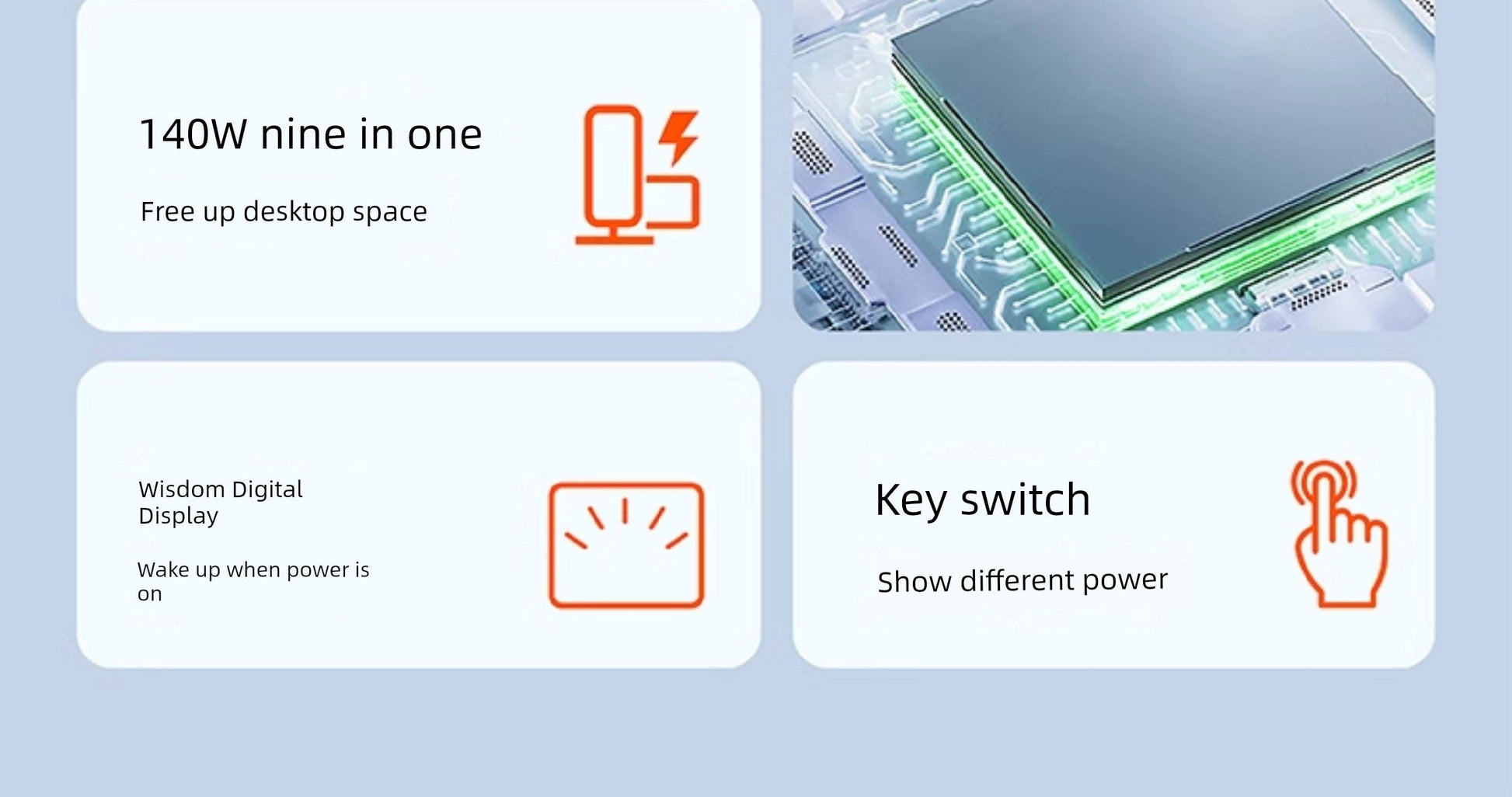 140W GaN fast charger features digital display and key switch.
